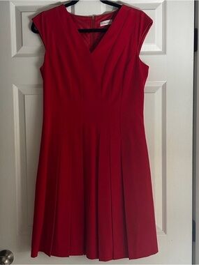 Calvin Klein Red V-Neck Pleated Midi Dress
